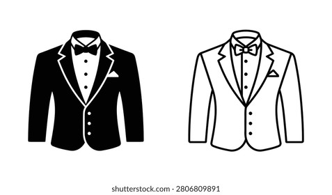 Two tuxedo silhouettes are shown against a white background, presented as a black-filled and a line-art icon. The garments include a bow tie and lapel.