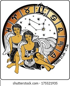 Two twin boys sitting in the Greek .Horoscope zodiac signs in circle ,the stars and the constellation of Gemini