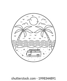 two twin coconut trees on a beautiful beach in mono line art, patch badge design, emblem design, T-Shirt Design