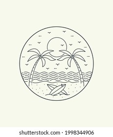 two twin coconut trees on a beautiful beach in mono line art, patch badge design, emblem design, T-Shirt Design