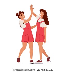 Two Twin Girl Characters Joyfully Connect Their Hands. Sisters Creating A Heartwarming High-five Moment Filled With Boundless Sisterly Love And Shared Enthusiasm. Cartoon People Vector Illustration