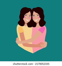 Two Twin Girls. Happy Sisters Hug And Support Each Other. International Hug Day. Vector Illustration In A Flat Style On A Green Background.