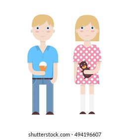 Two twin kids in a flat style. Vector illustration