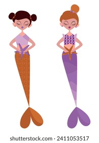 two twin mermaids, illustration for children, mermaids with different hairstyles and star earrings