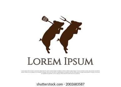 Two Twin Pig with Fork and Spatula for Barbecue BBQ Grill Logo Design Vector
