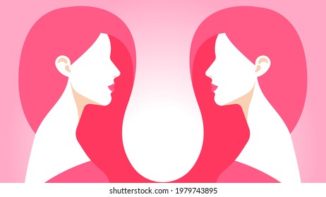 Two twins look at each other. Identical women with long pink hair. Female portraits, side view, head and shoulder. The concept of identity, similarity, reflection. Abstract vector illustration.