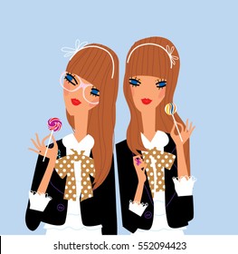 Two twins teen girls friends with lollies. Vector illustration.