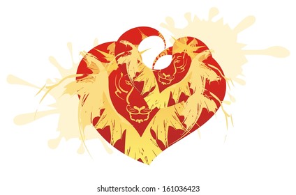 Two twirled hearts with the tiger head, dragons and splashes