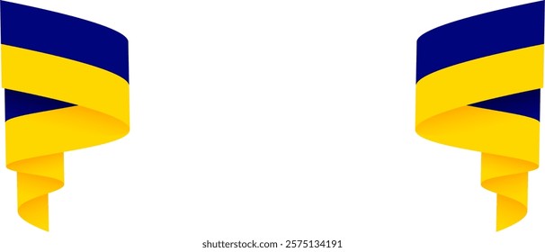 Two twisted flags of Ukraine, blue yellow colors, framing a white background. Patriotic banner with copy space. Design for poster, greeting card, invitation, and header.