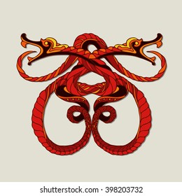 Two twisted snakes with open mouth. Coat of arms. Decorative design element for tattoo, prints, logo or t-shirt. Used for hotel, restaurant, boutique, invitation, jewelery. Vector. Design Template