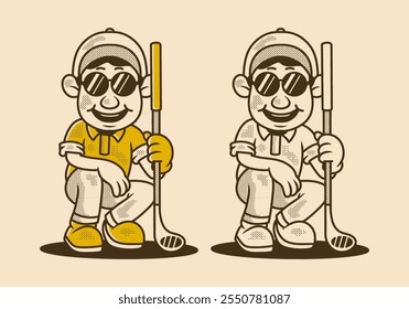 Dos tipos de color de golfista, esperando el tiro perfecto. Carácter retro del hombre del golfista que sostiene un palo de golf, diseño de la ilustración