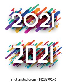 Two types of 2021 white sign on colorful line confetti background. Vector holiday illustration.