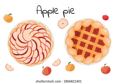 Two types of apple pie, with pieces of fruit on top and inside. Whole and sliced ​​apples are around.
Vector illustration isolated on white background. Top view.