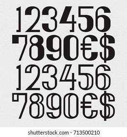 Two types of black numbers with dollar and euro symbols - full and hollow.