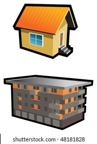 Two types of buildings, small hut and tenement-house, vector illustration