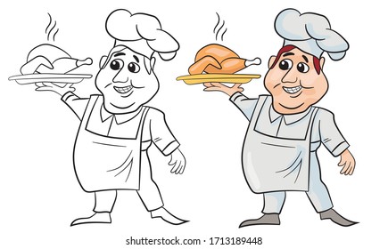 Two types of cartoon cook with baked chicken on a tray in isolate on a white background. Labor Day.Vector illustration.