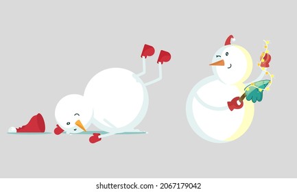 Dos Tipos De Caricatura De Hombre De Nieve Sobre Fondo Gris.