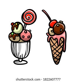 Dos tipos de Crema de Hielo Dibujo en Estilo Cómico, vidrio y cono