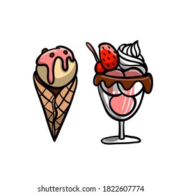 Dos tipos de Crema de Hielo de Fresa con dibujos en estilo cómico