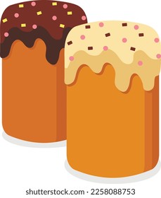 Dos tipos de pasteles de Pascua, muffins con hielo multicolor. Vector ajustado en plano. Elemento para afiche, volante, postal, portada, diseño publicitario.