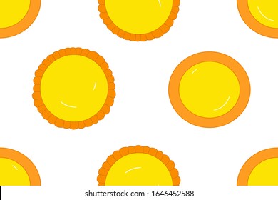 Two types of egg tarts, custard tarts seamless pattern background. Cartoon hand drawn Chinese food, Hong Kong dim sum and Asian dessert background. Great for kitchen wallpaper, card, menu, packaging.