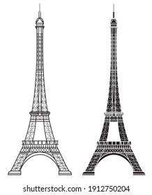 Two types of Eiffel Tower vector icon with lines isolated on white background. High quality badge