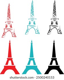 Two types of Eiffel Tower vector icon with lines isolated on white background. High quality badge