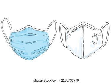 two types face mask and respirator  pandemic virus bacteria care respiratory protection hospital illness isolated on white background