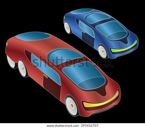 two types futuristic design vehicle,\
original designed future automobile, concept car, mirrorless car,\
vector illustration