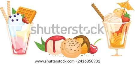 Two types of ice cream desserts with toppings and waffle. Sundae cup with berries, wafer, and fruit ice cream vector illustration.