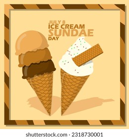 Two types of ice cream sundaes with cream and wafers with bold text in frame on light brown background to celebrate National Ice Cream Sundae Day on July 8