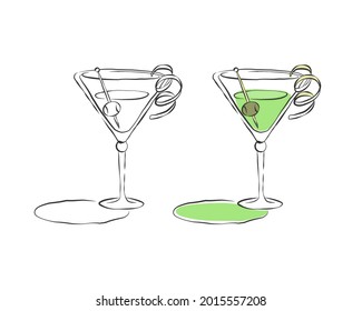 Two types martini glass. Drink element. Black white and color object. Wineglass beverage with olive on a skewer. Hand draw simple sketch. Isolated illustration on white background in engraving style.
