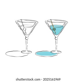 Two Types Martini Glass. Drink Element. Black White And Color Object. Wineglass Beverage With Olive On A Skewer. Hand Draw Simple Sketch. Isolated Illustration On White Background In Engraving Style.
