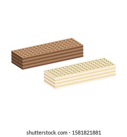 Two types of rectangular crispy waffles with milk filling and chocolate. Confectionery crispy desserts. 3d vector illustration and isometric view.