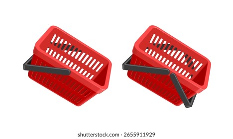 Two types of red shopping baskets used in department stores or supermarkets, one with one handle and one with two handles, vector 3d isolated on white background for shopping advertising design