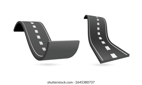 Zwei Arten von Straßen auf weißem Hintergrund. Der Typ 1 ist eine steile Bergstrasse. Typ 2 ist eine Abfahrtsstraße mit Kurve. Vektor 3D-Illustration einzeln für die Gestaltung von Transport und Logistik
