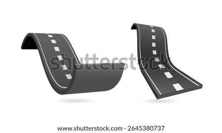 Two types of roads on a white background. Type 1 is an uphill road with a steep slope. Type 2 is a downhill road with curve. vector 3d illustration isolated for designing transportation and logistics