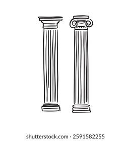 Two types of Roman Greek column; Doric and Ionic. Hand drawn sketch as a vector. Individual elements. Architecture ancient, stone ware, stone carving.