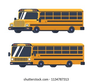 Two types of school bus isolated on white. Vehicle for transportation of students and pupils. Back to school. Vector illustration.