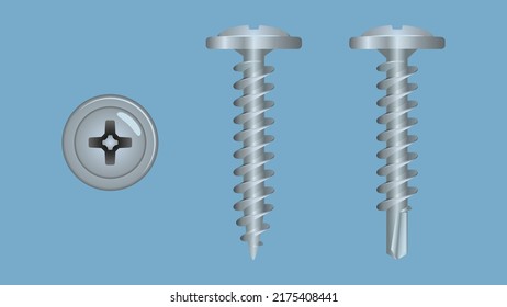 Two types of self-tapping screws. Top and side view on blue background