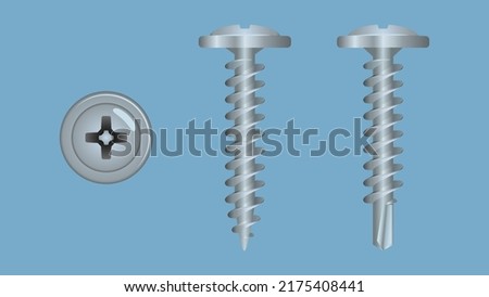 Two types of self-tapping screws. Top and side view on blue background