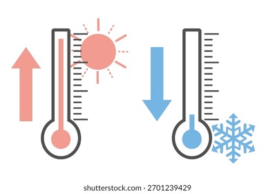 Two types of simple thermometers with arrows and illustrations of the sun, snowflakes