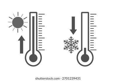 Two types of simple thermometers with arrows and illustrations of the sun, snowflakes