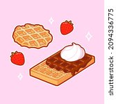 Two types of traditional Belgian waffles: Liege waffle and Brussels waffle. Topped with powdered sugar, chocolate and whipped cream. Cartoon clip art drawing, vector illustration.