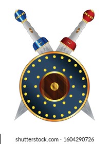 Two typical Roman gladiator swords crossed over a gladiator shield on a white background