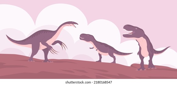Two tyrannosaurus rex vs big clawed therizinosaurus. Pangolin fight. Predators on the hunt. Carnivorous lizard of the Jurassic period. Wild landscape. Cartoon vector illustration