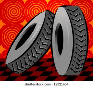 two tyres in red background	