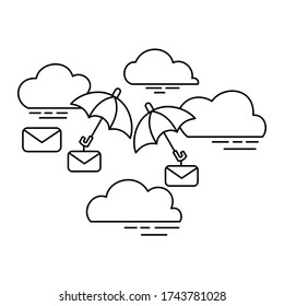 two umbrella send three mails with four cloud concept outline design