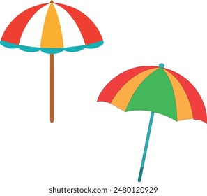 Two umbrellas are shown, one is red and white and the other is green and yellow