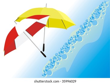 Two umbrellas and wave. Vector
